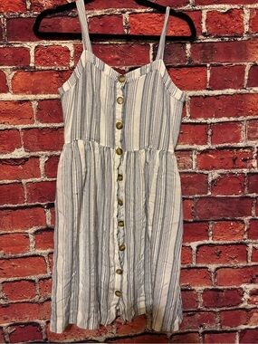 LOFT White & Blue Striped Button-Front Midi Sundress